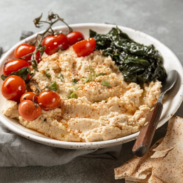 Creamy hummus topped with cherry tomatoes, sautéed spinach, and a spoon, served with pita bread.