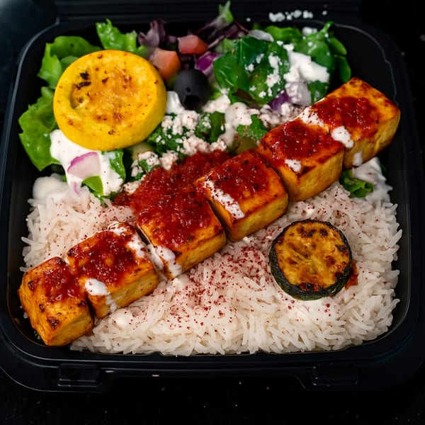 Mediterranean meal with rice, grilled tofu skewers, salad, and grilled zucchini in a black container.