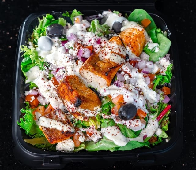 Salmon kabob bowl.