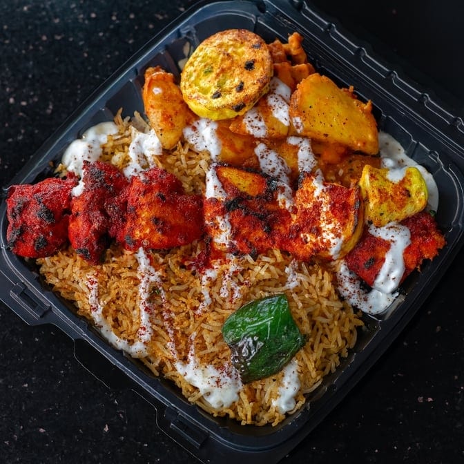 Tandoori chicken kabob bowl.