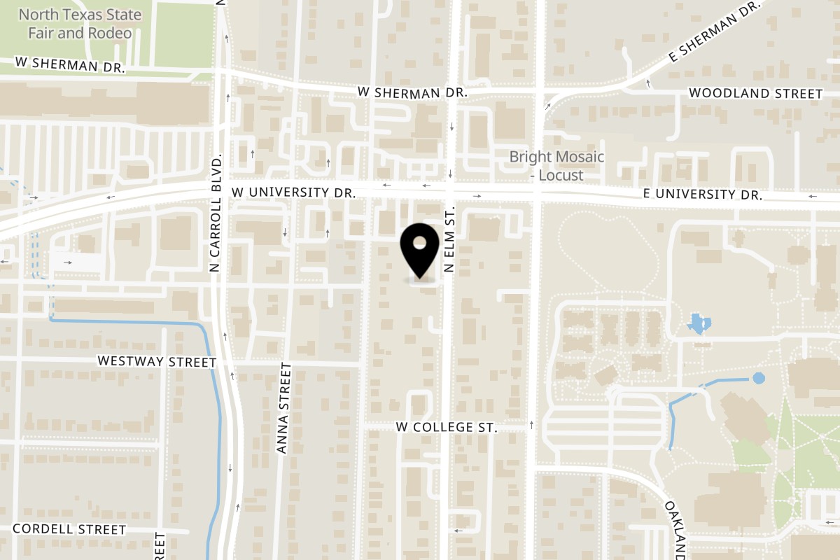 Map showing the location of Kabsa Grill on 1803 N Elm St in Denton